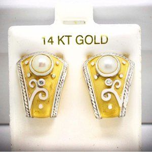 White Pearls 5 mm & Diamonds 14k Yellow Gold Earrings